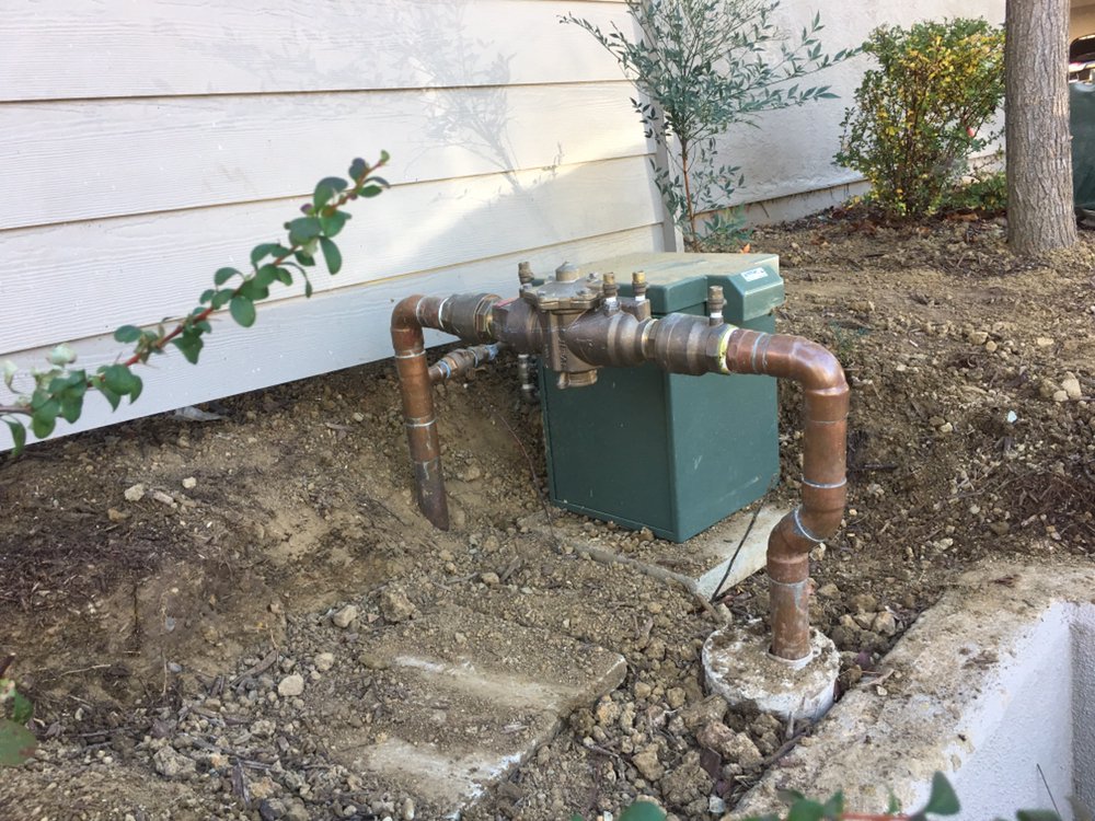 Backflow prevention assembly and pressure-reducing valve installed with copper piping outside a home
